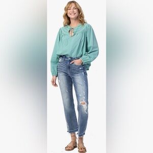 JUDY BLUE Sz 18W Jeans Distressed Raw Hem Straight Leg High Rise Mid-Wash NEW